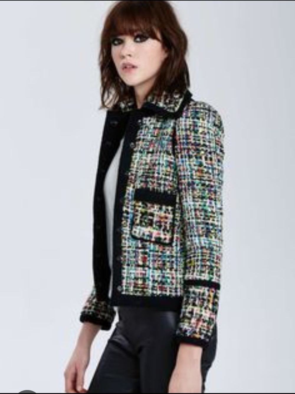 Multicolor Tweed Women's Jacket with Black Trim